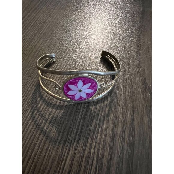 Vintage Alpaca Mexico Silver Bracelet With Pink Enamel Flower Design - Picture 4 of 4
